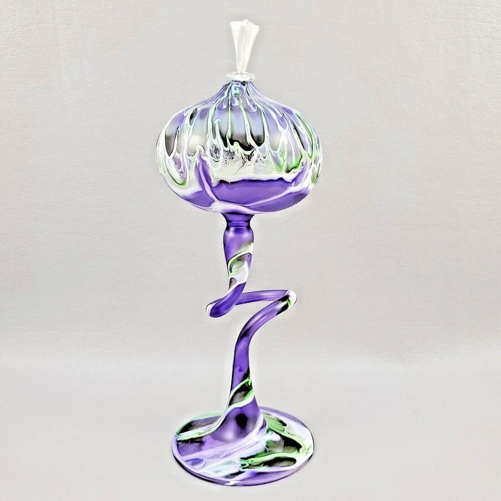 Flame Glow Oil Lamp Penco Hand Blown Glass Intertwined Stems Candle Purple Green